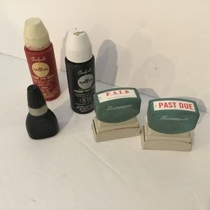 2 ink pads, 2 stamps: past due and paid, 2 ink roll on bottles, 1 ink bottle..